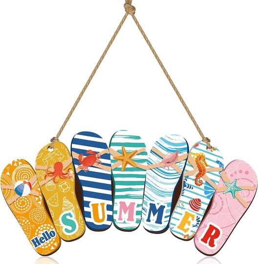 Hello Summer Door Sign, Rustic Wooden Flip Flop Beach Hanging Decor, Summer Wreath Style Welcome Plaque with Shells Starfish Waves Daisy, Front Door Wall Hanger for Home Porch Indoor Outdoor Decoration